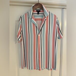 Forever 21 Cuban Collar 50s Style 100% Rayon Striped Shirt